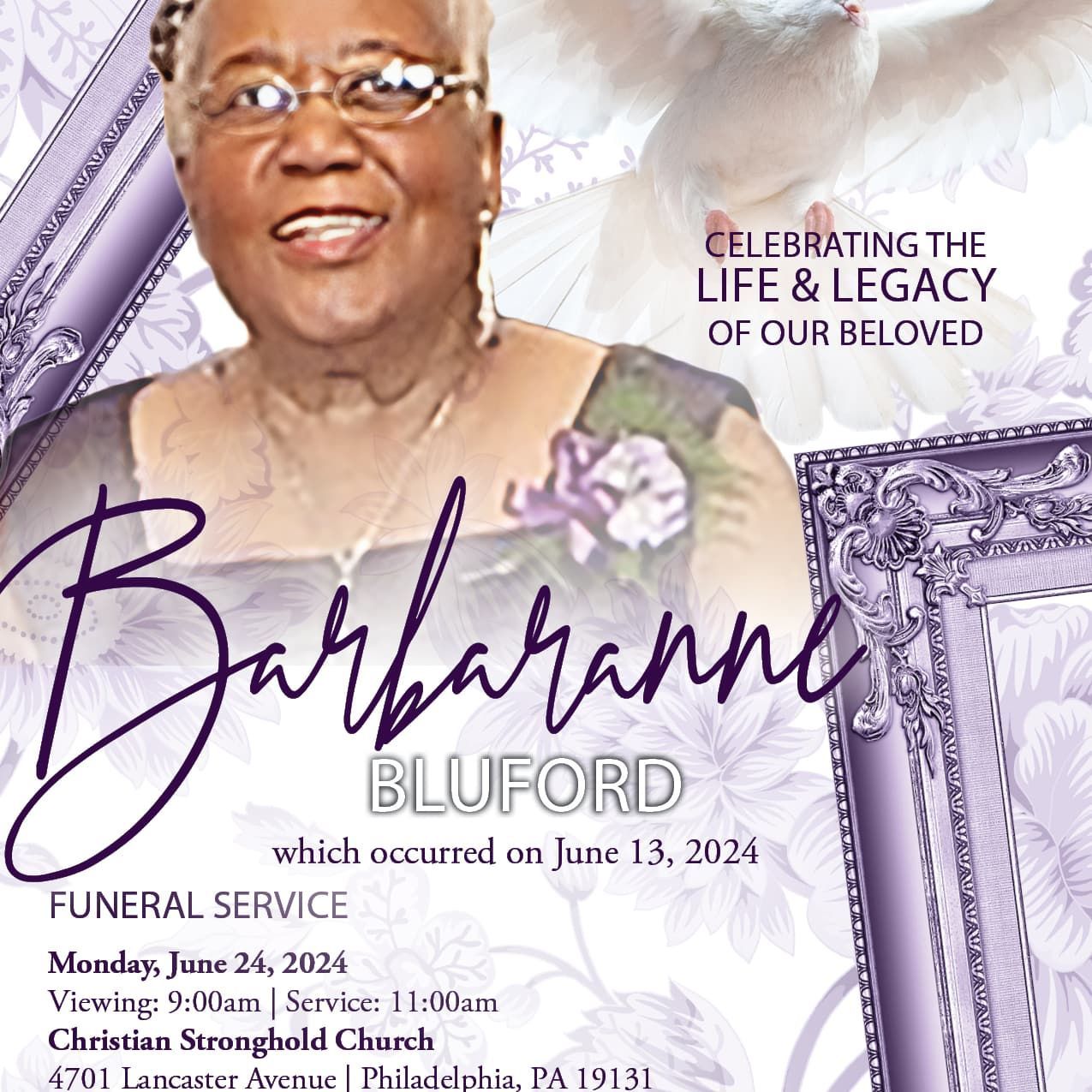 An advertisement for a funeral service for Barbaranne Bluford