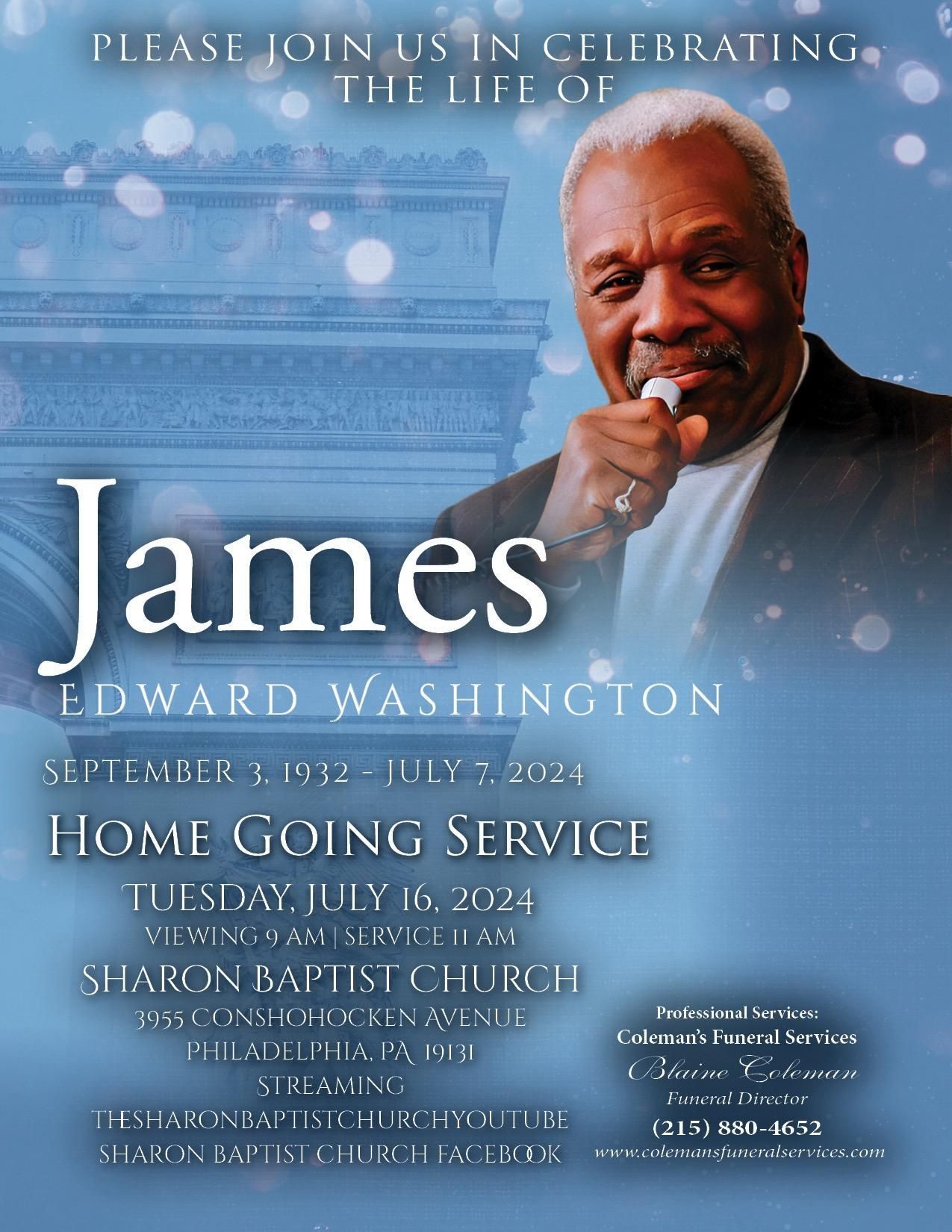 An advertisement for James Edward Washington's home going service