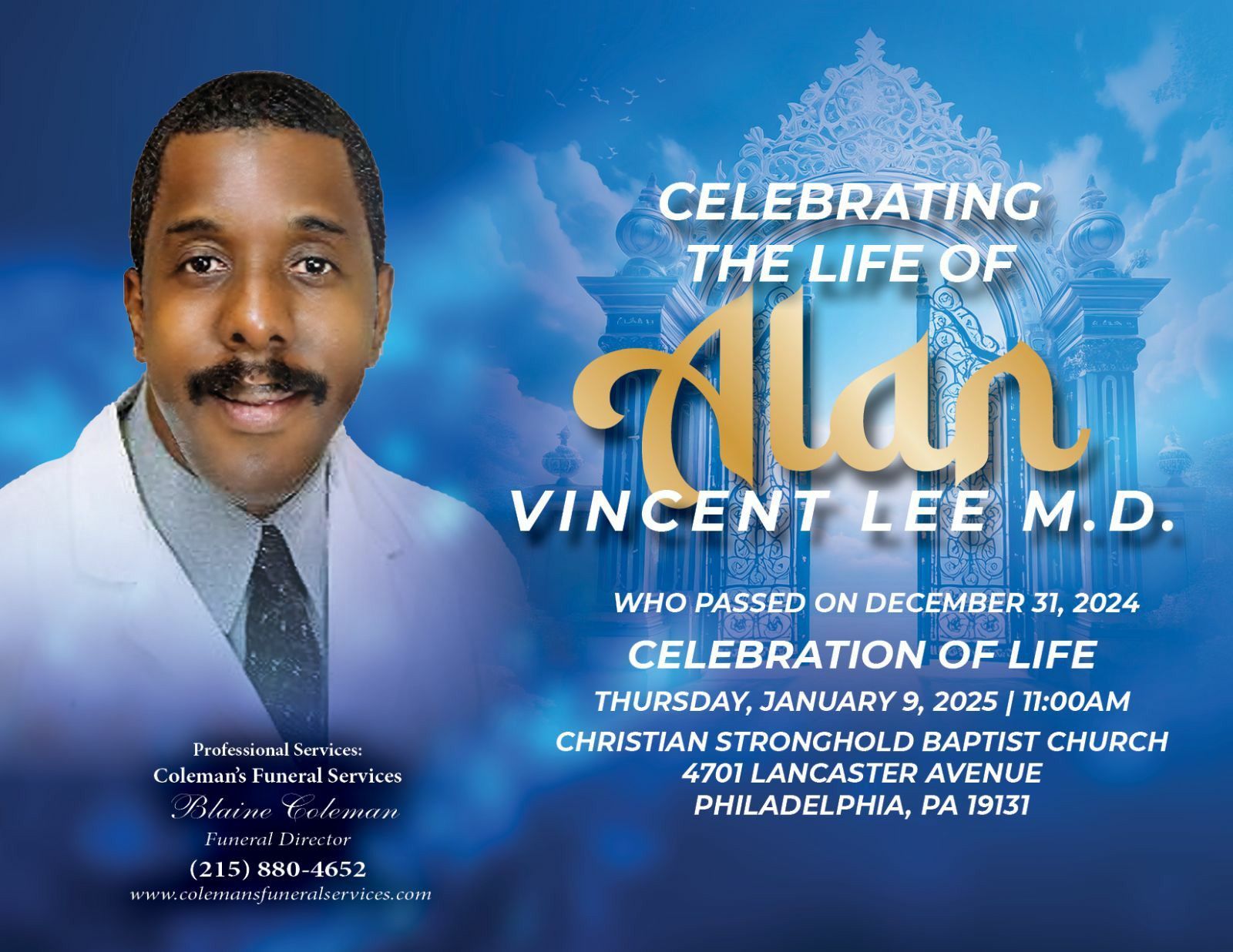 An advertisement for celebrating the life of alan vincent lee m.d.