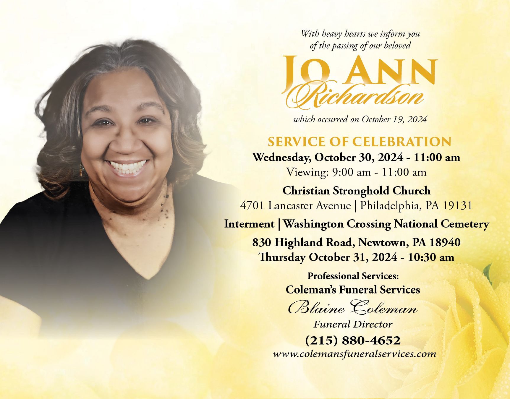 A woman is smiling on a funeral invitation for jo ann richardson.