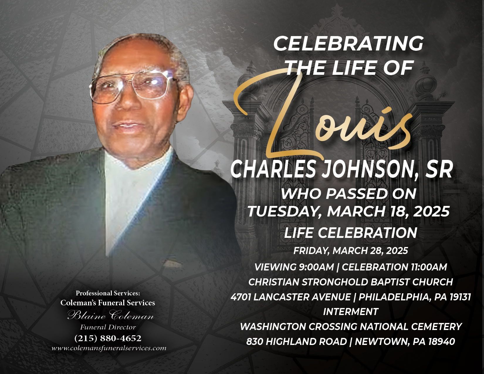 An advertisement for celebrating the life of louis charles johnson sr