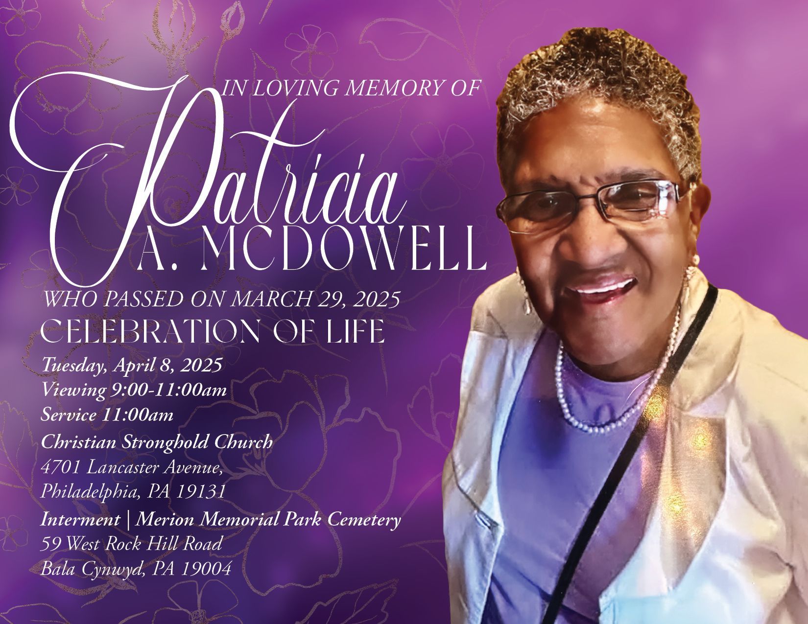 An advertisement for a celebration of life for patricia mcdowell