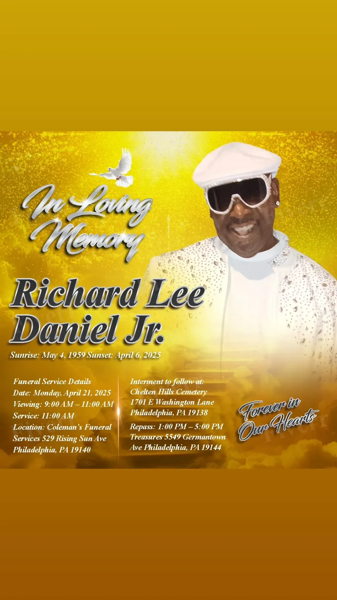 A poster for a funeral for richard lee daniel jr.