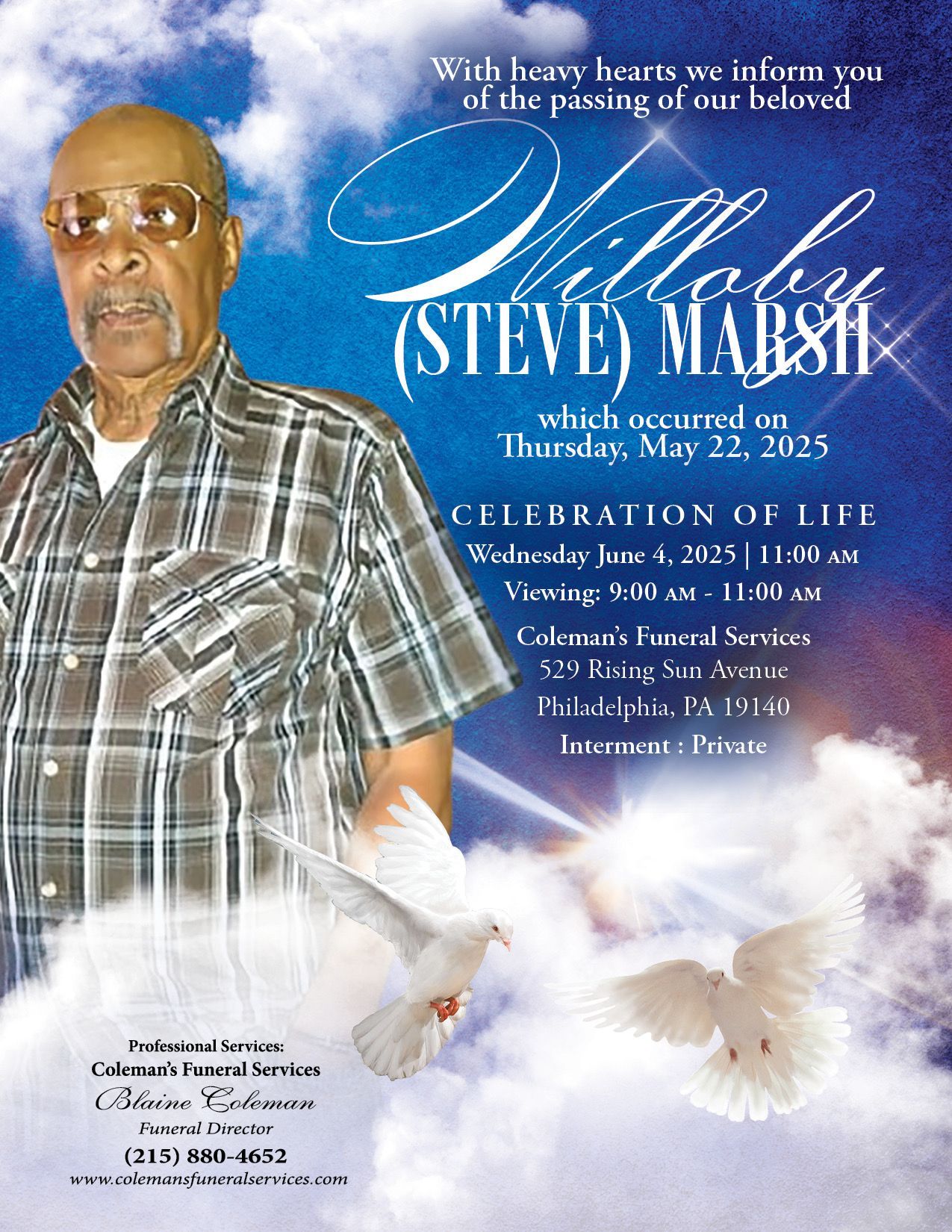 An advertisement for a celebration of life for steve marsh