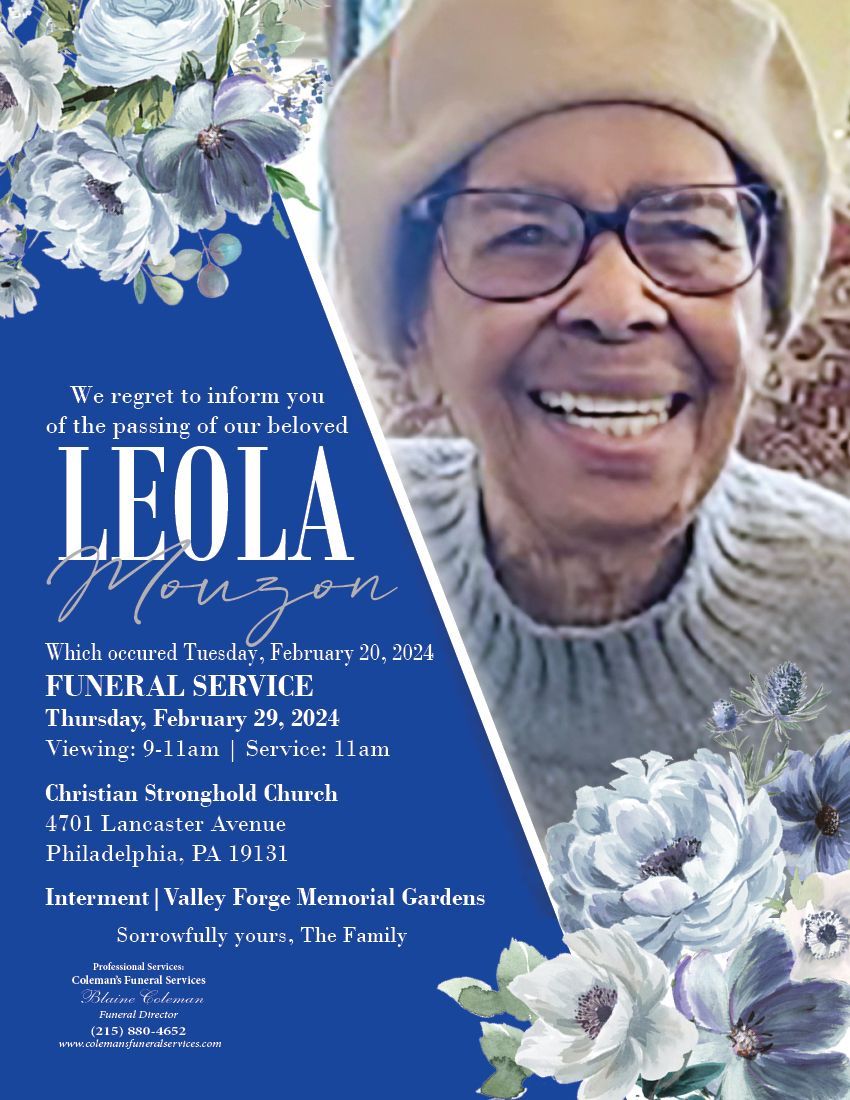 A woman wearing glasses and a hat is smiling on a funeral invitation.