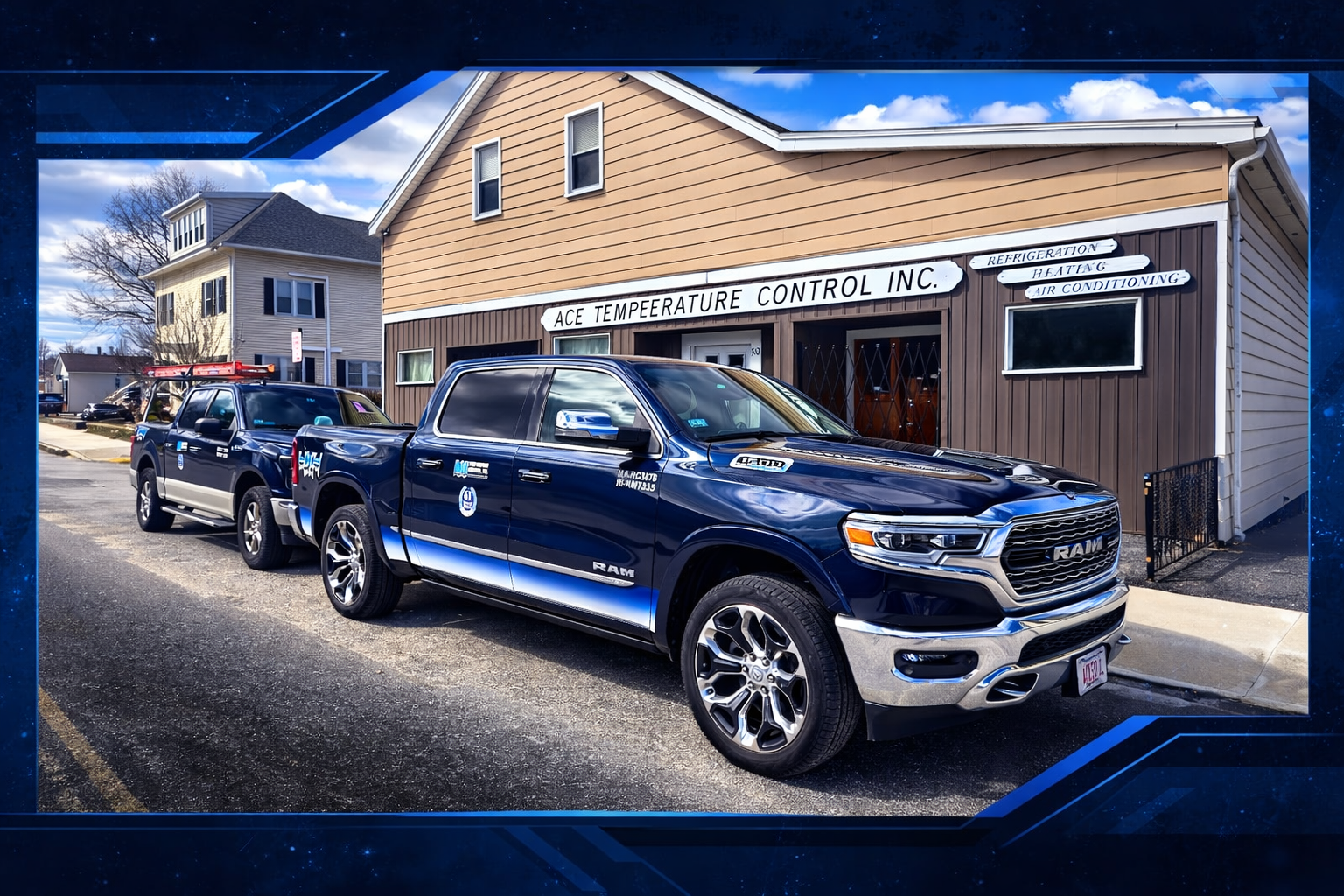 Two dark blue pickup trucks parked in front of a commercial building.