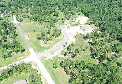 Aerial view of a wooded residential area with curving roads and a few scattered houses.