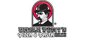 The logo for Uncle Tony 's Pizza and Pasta shows a man wearing a hat and mustache.