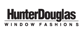 A black and white logo for hunter douglas window fashions