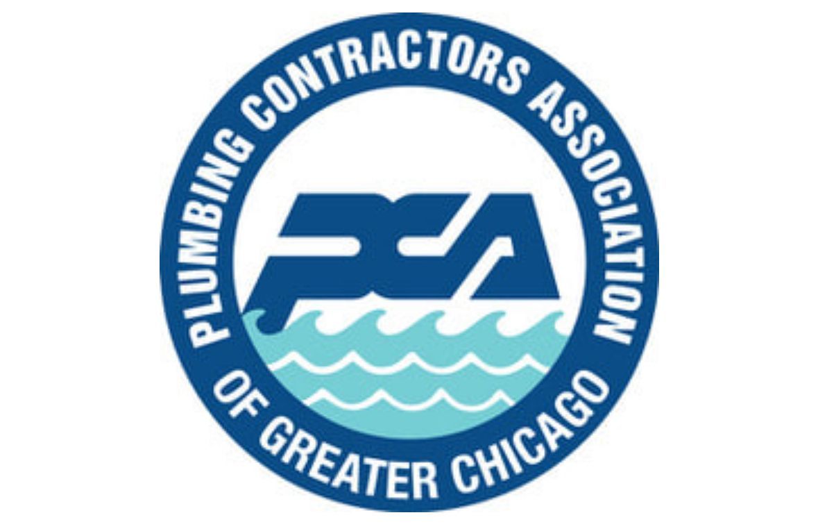 Logo of the Plumbing Contractors Association: plumber holding a wrench inside a red and white shield.