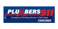 Logo for Plumbers 911 Chicago with blue background and red and white text.