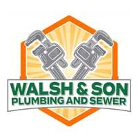 Logo for Walsh & Son Plumbing and Sewer: Two crossed wrenches in front of a gold and orange hexagon with green text.