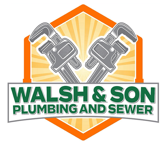 Logo for Walsh & Son Plumbing and Sewer: Two crossed pipe wrenches on a gold burst, green text on white.