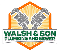 Logo for Walsh & Son Plumbing and Sewer: Two crossed pipe wrenches on a gold burst, green text on white.