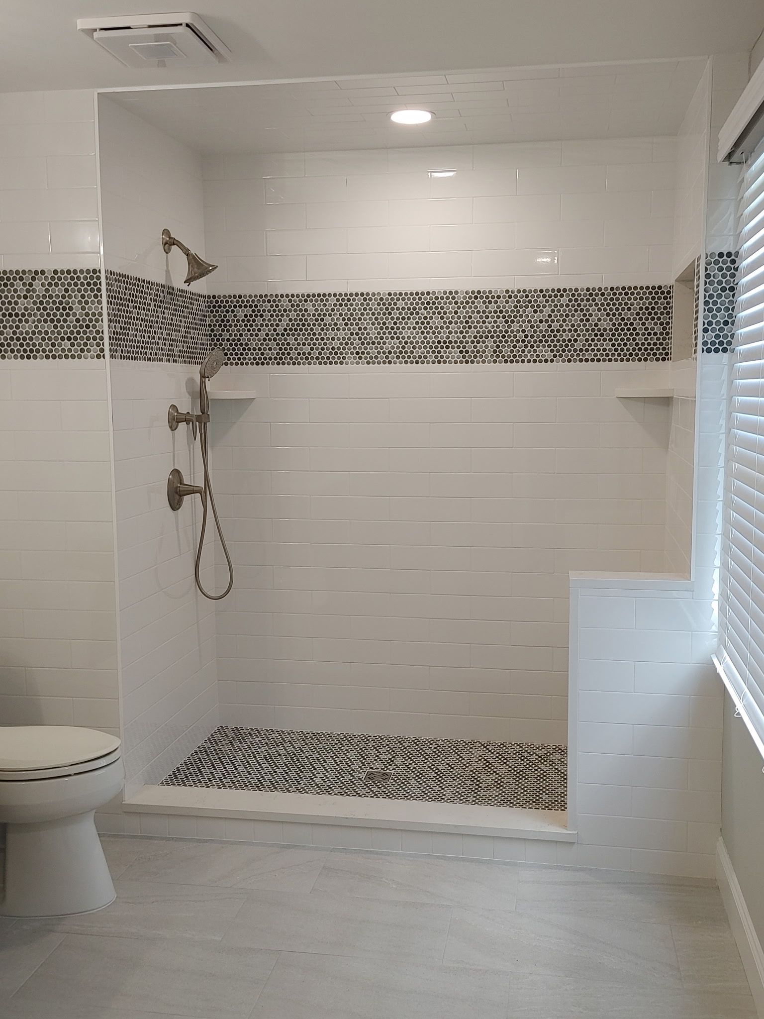 A bathroom with a walk in shower , toilet and window.