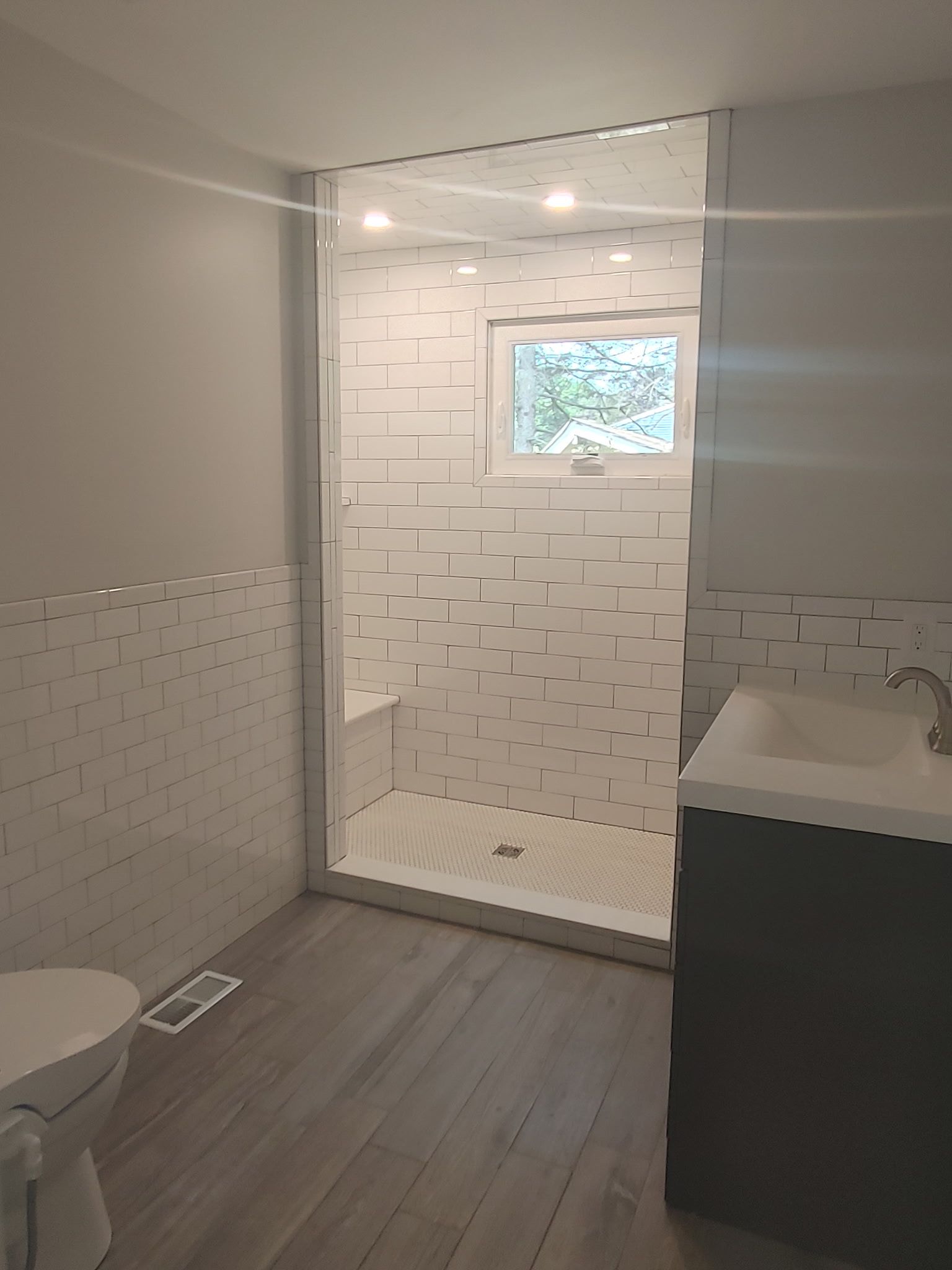 A bathroom with a walk in shower , toilet and window.