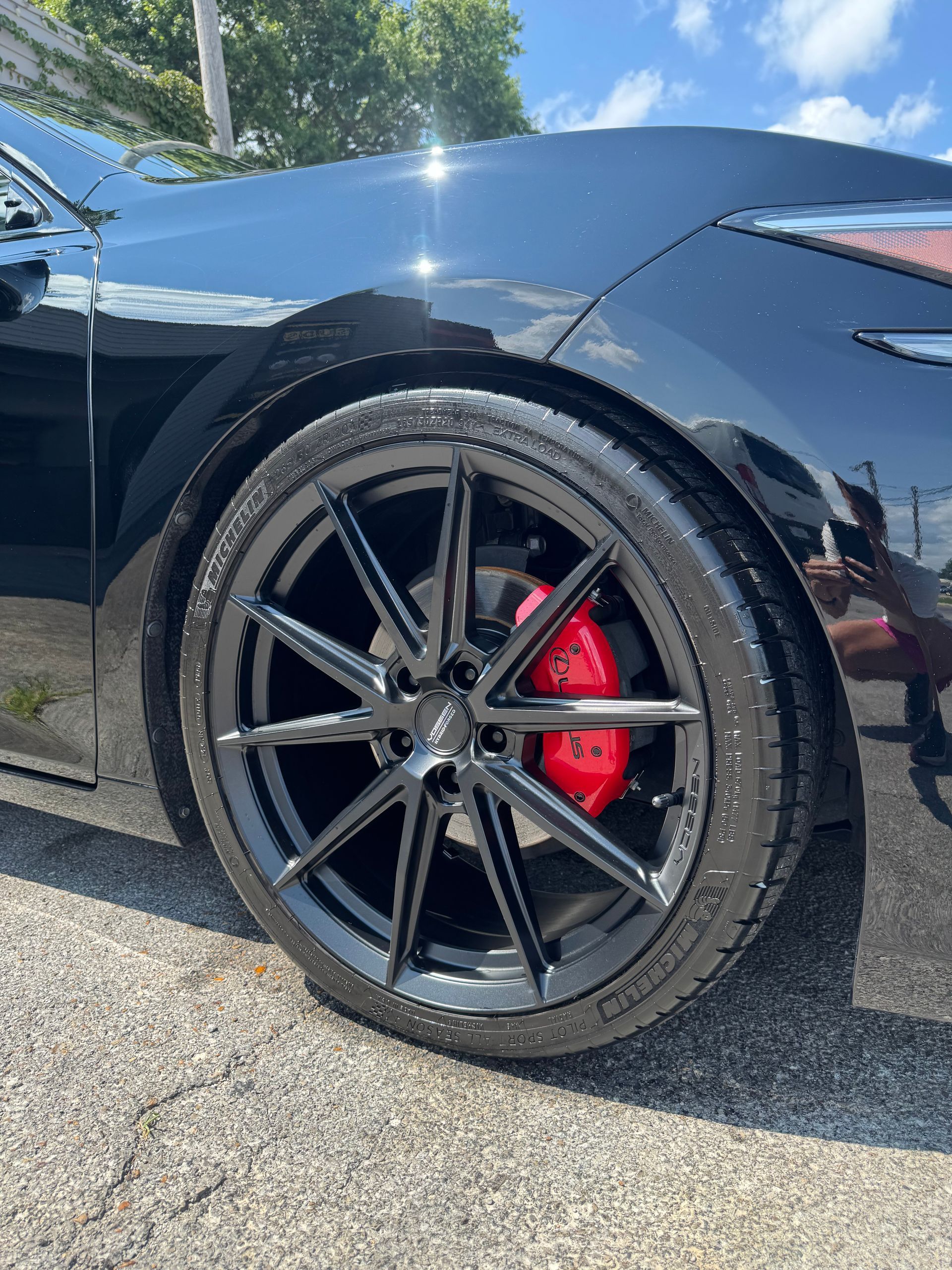 Black sports car close-up with glossy body, black alloy wheel, and red brake caliper.