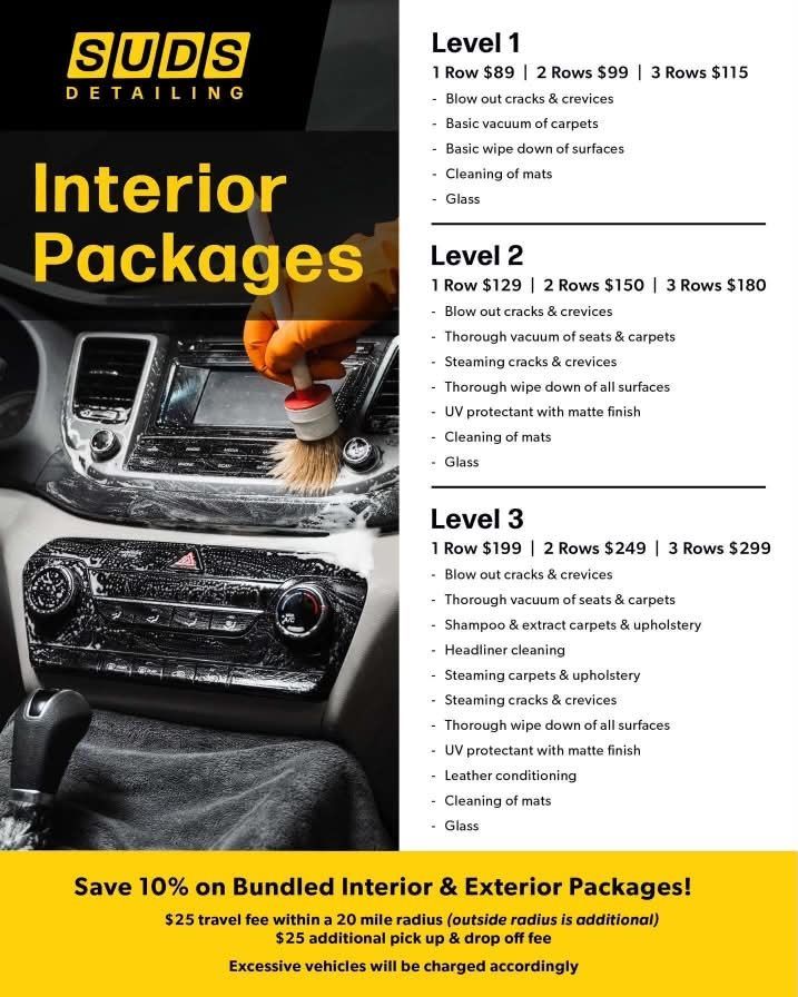 Suds Detailing interior packages flyer with car dashboard photo and gold, black text on white background
