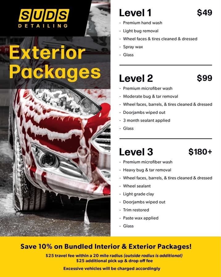 Car detailing flyer with exterior wash package levels and prices beside a foamy red car.