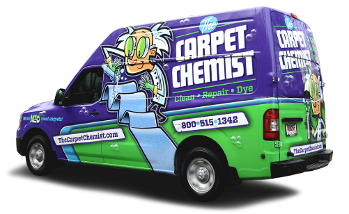 A purple and green carpet chemist van is parked on a white background.
