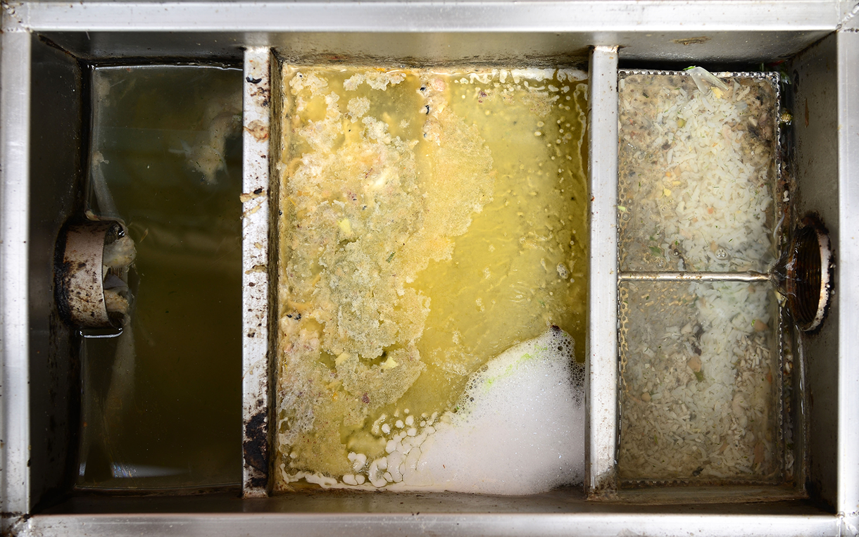 Overhead view of a grease trap with three compartments. Left is liquid, middle has yellow grease, right is residue.