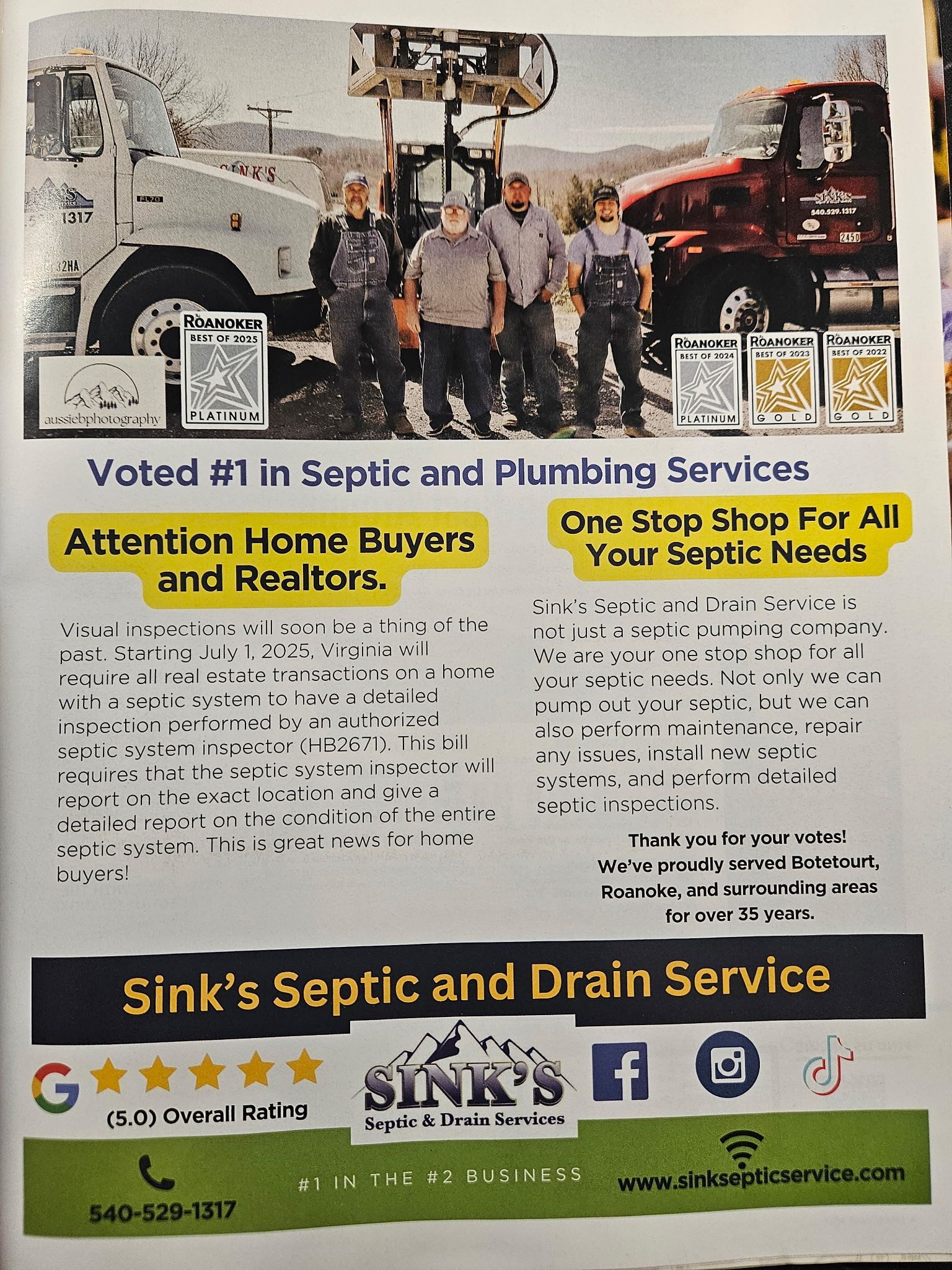 Sink 's septic and drain service is voted # 1 in septic and plumbing services