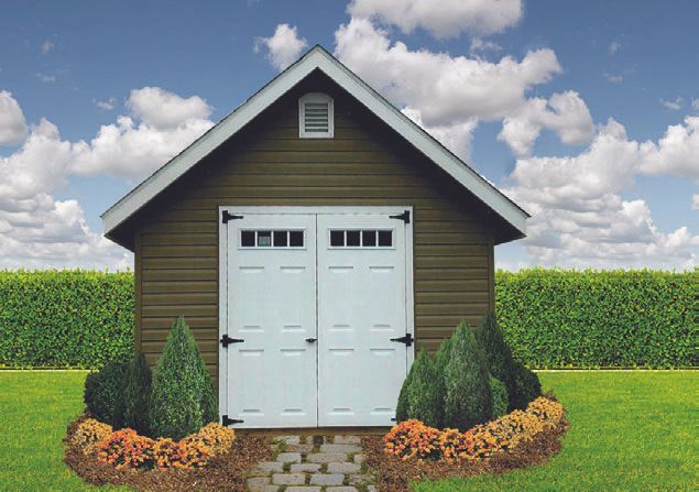 Green shed with white double doors, small shrubs, and a hedge on a lawn under a cloudy sky.