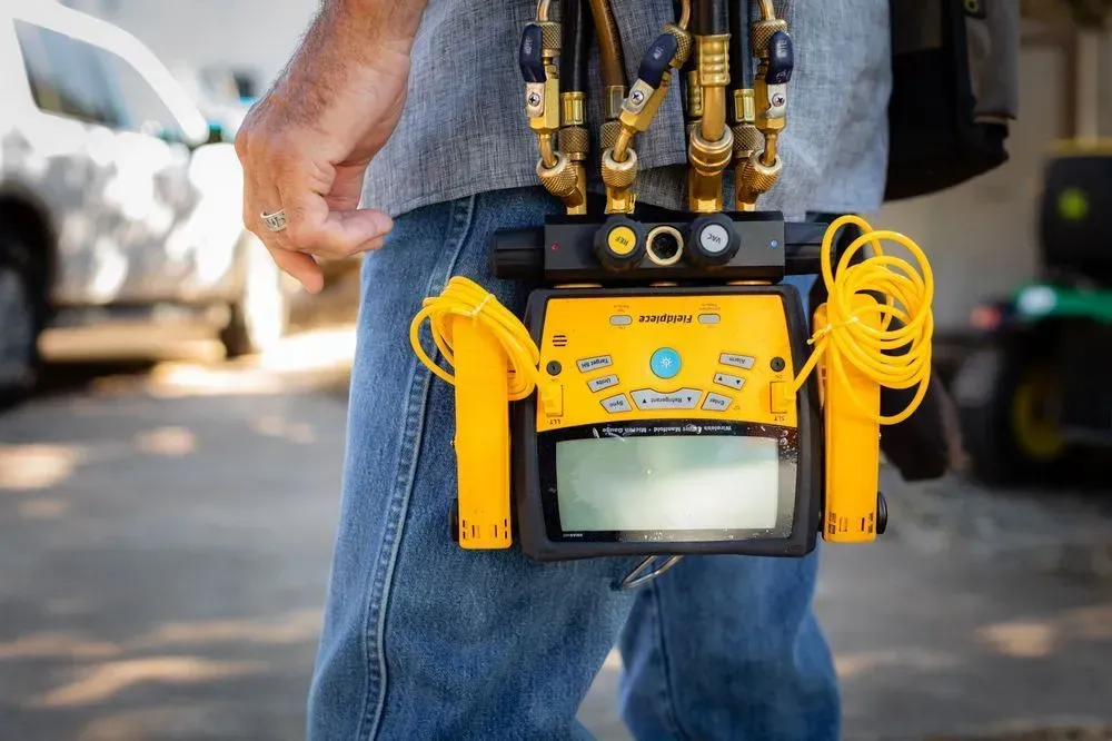 Person in jeans with a yellow and black HVAC diagnostic tool attached to their waist, outdoors.