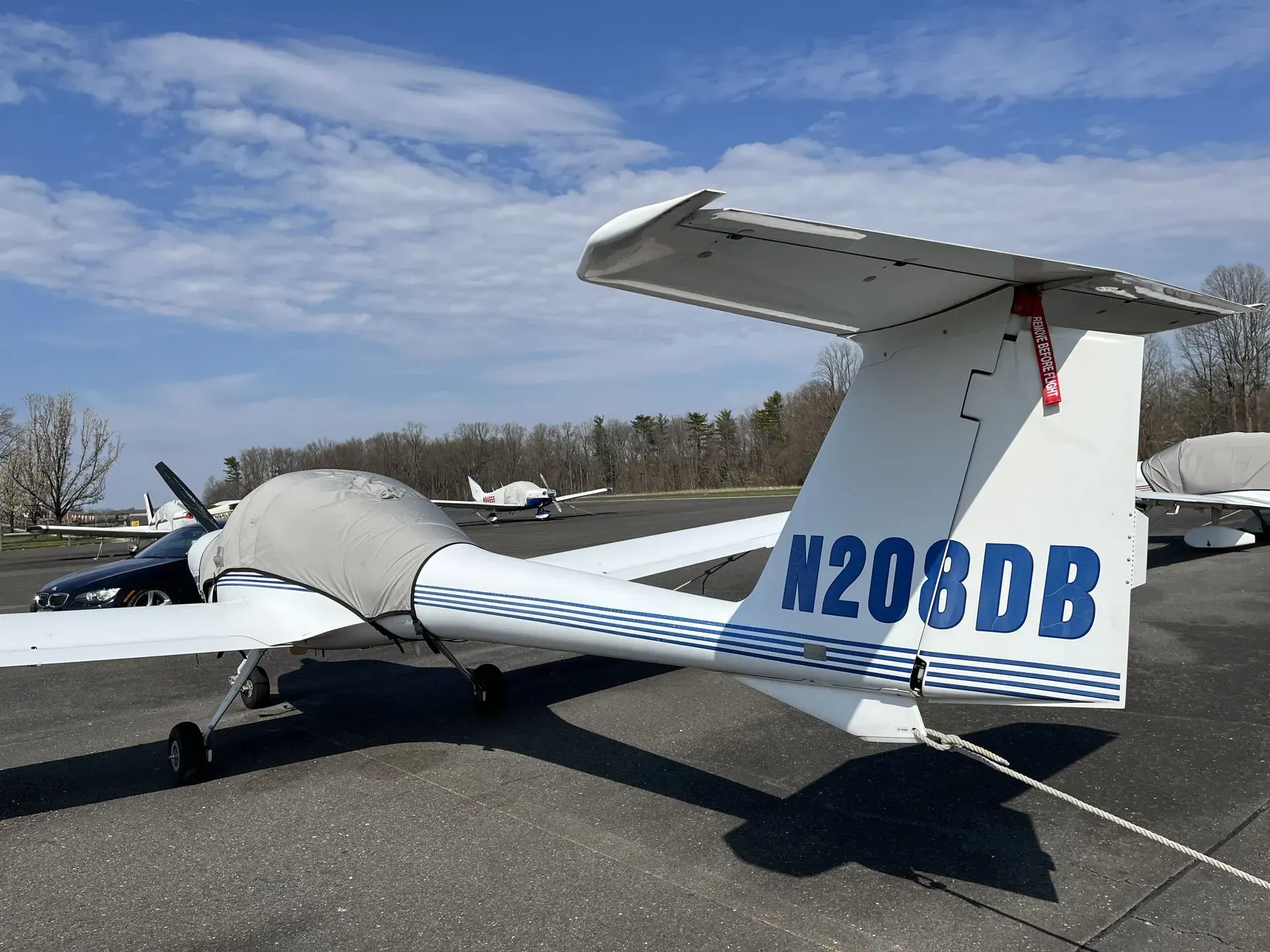 White and blue airplane tail with 