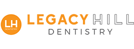 Legacy Hill Dentistry logo, orange and gray text. An orange circle has the letters "LH", "Dentistry" below.
