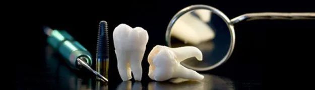 A close up of a tooth , a dental mirror , and a toothbrush on a table.