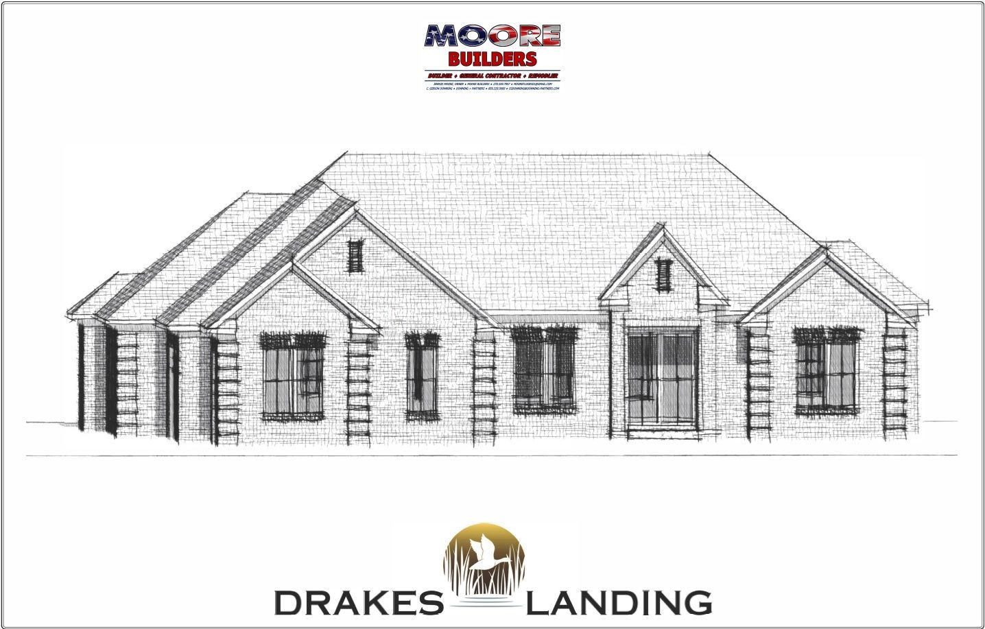 A black and white drawing of a house on a white background.