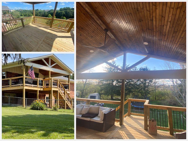 A collage of three pictures of a house with a wooden deck