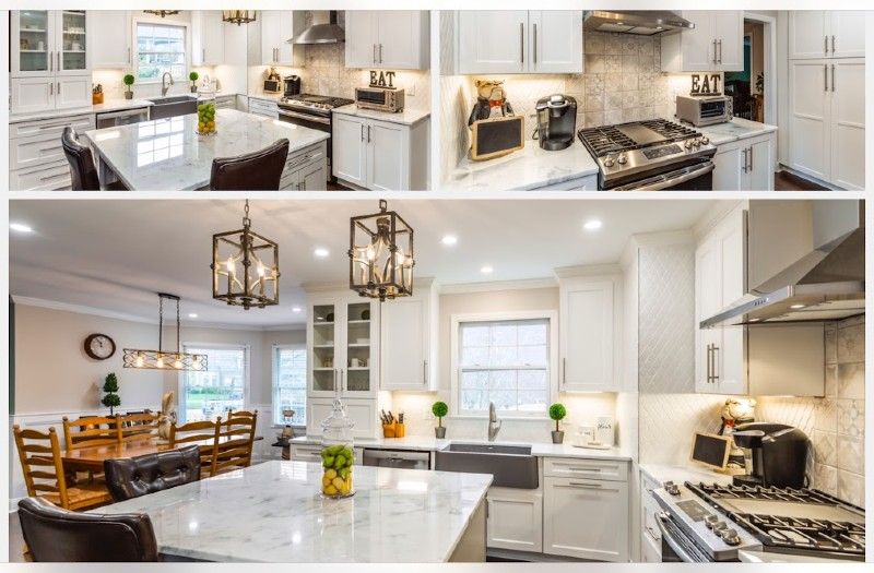 A collage of four pictures of a kitchen and dining room.