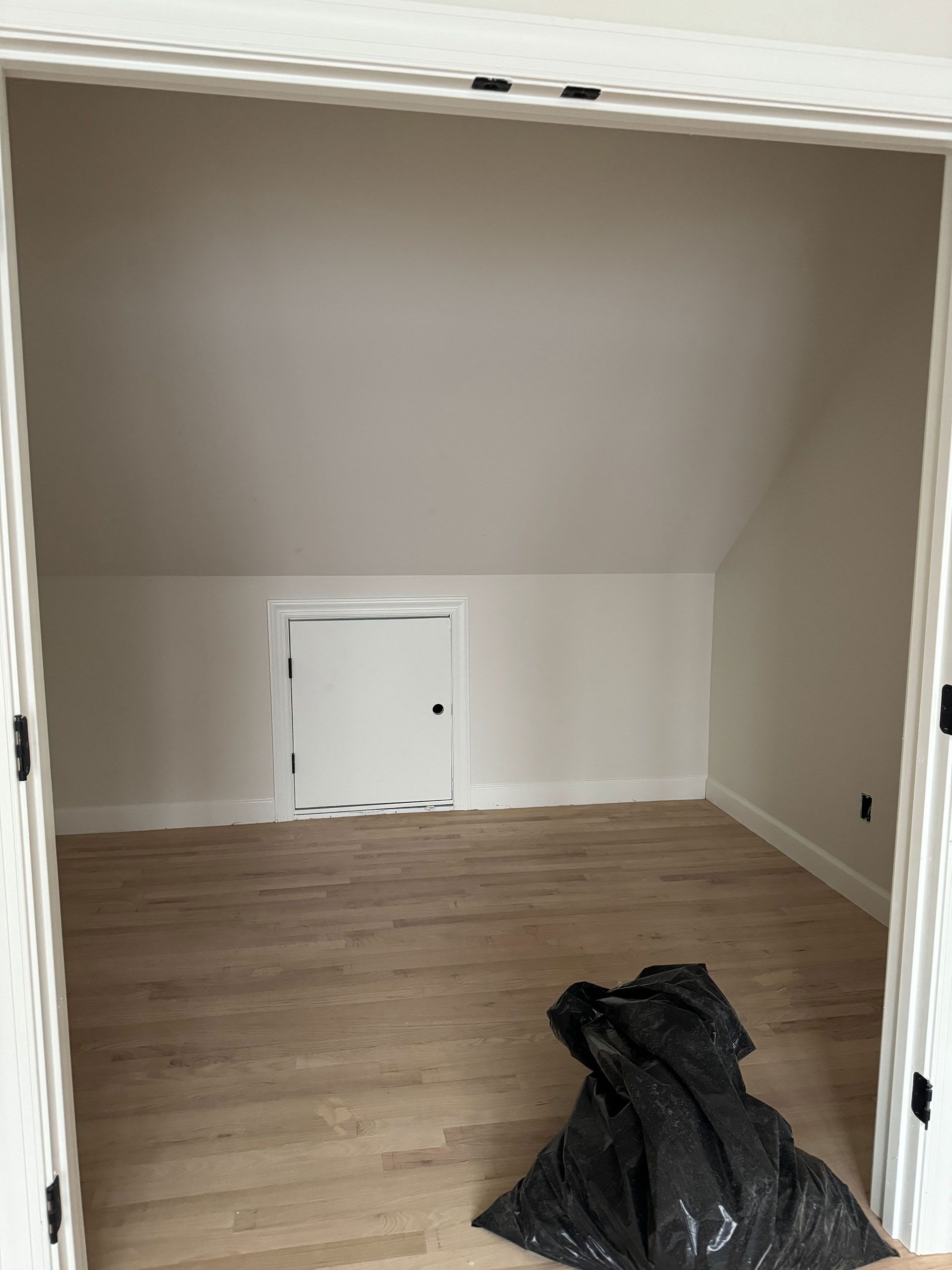 An empty room with a black bag on the floor and a door
