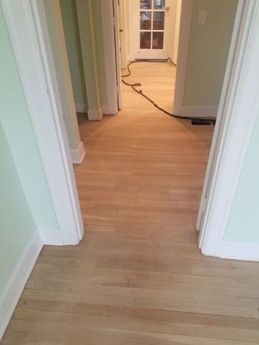 A hallway with hardwood floors and white trim in a house