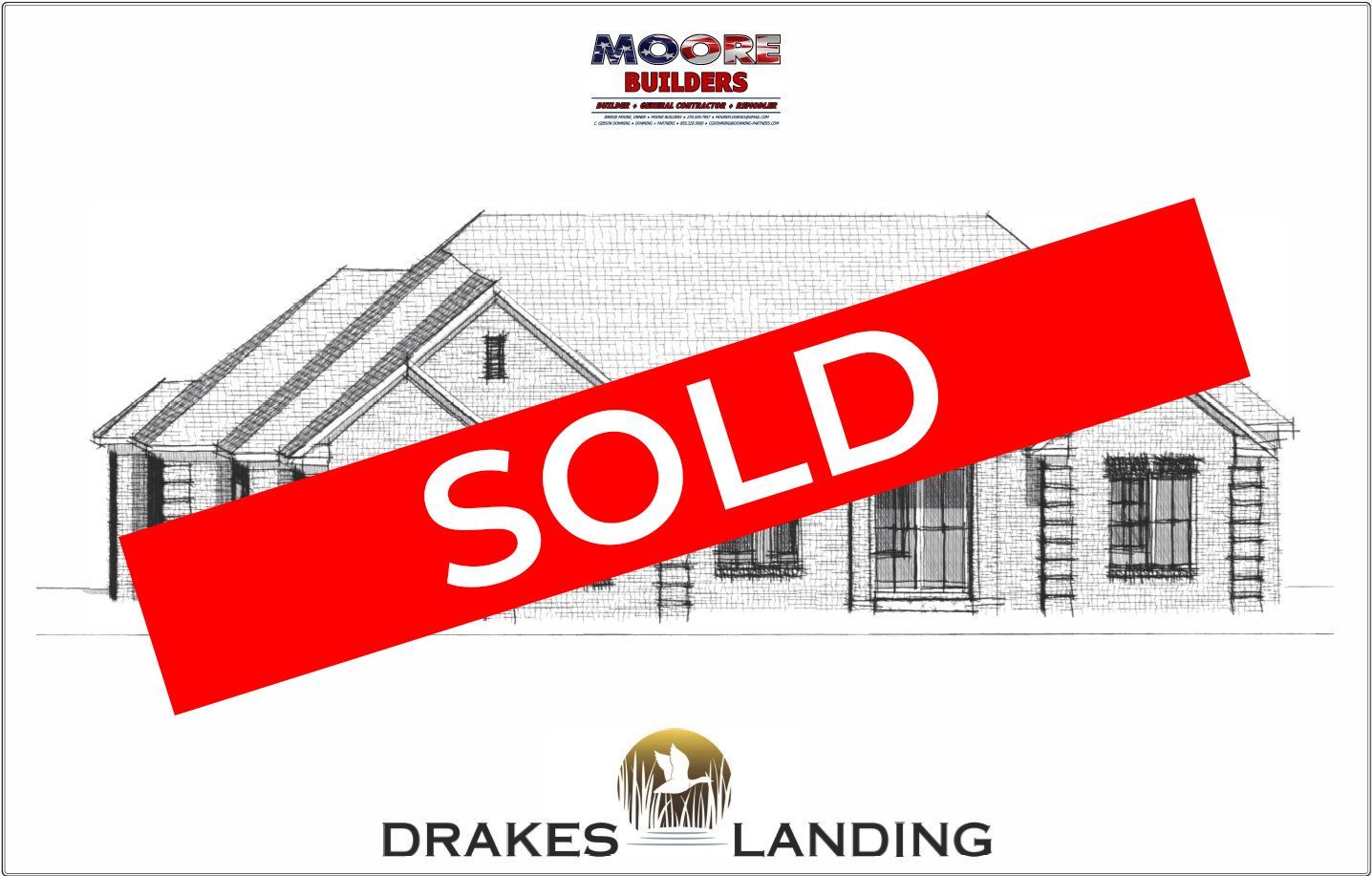 House blueprint with large red SOLD banner and Drakes Landing logo.