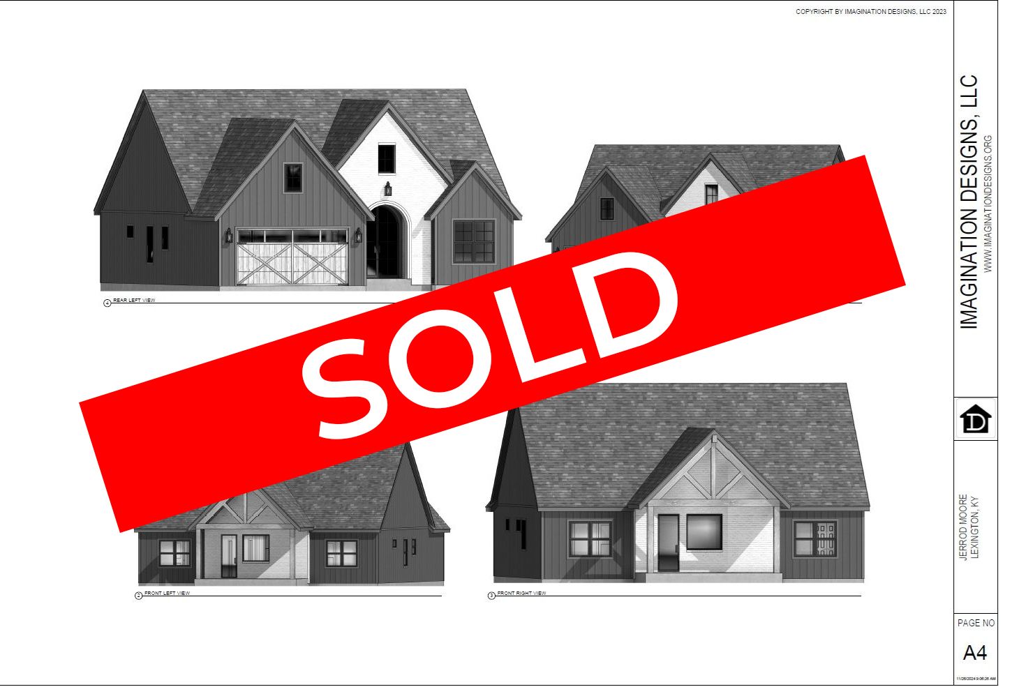 Real estate listing collage of four houses with a large red SOLD banner diagonally across the center.