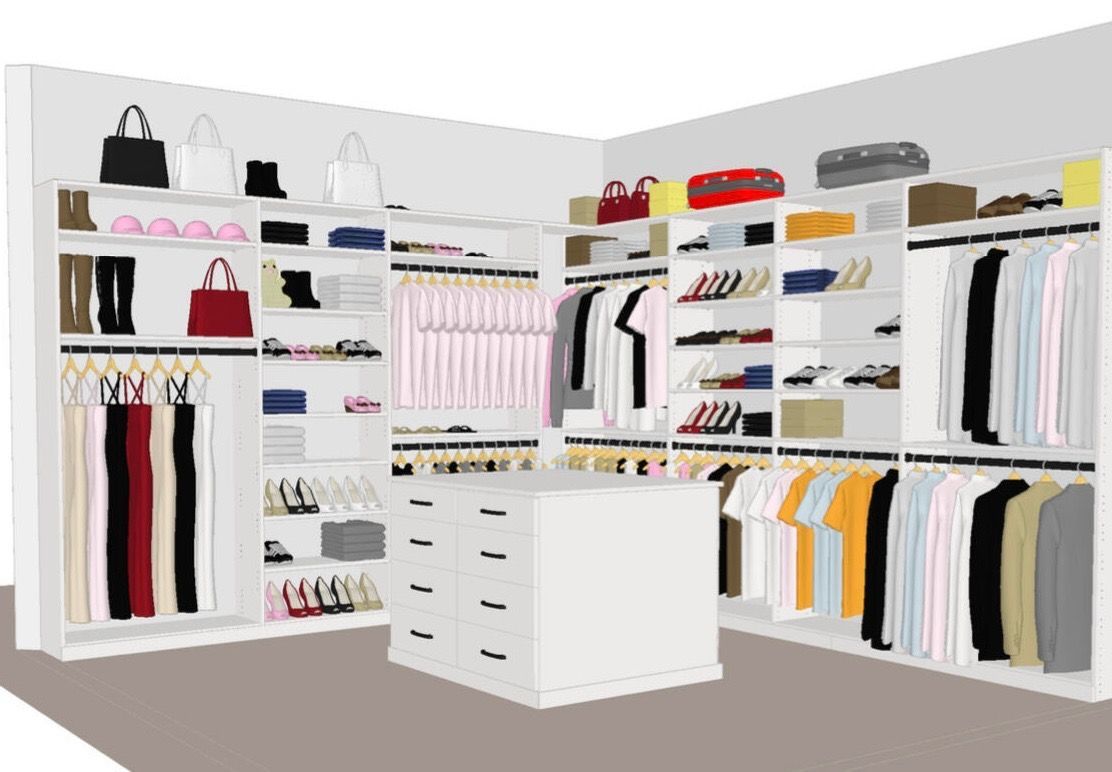 An illustration of a walk in closet filled with clothes and shoes.