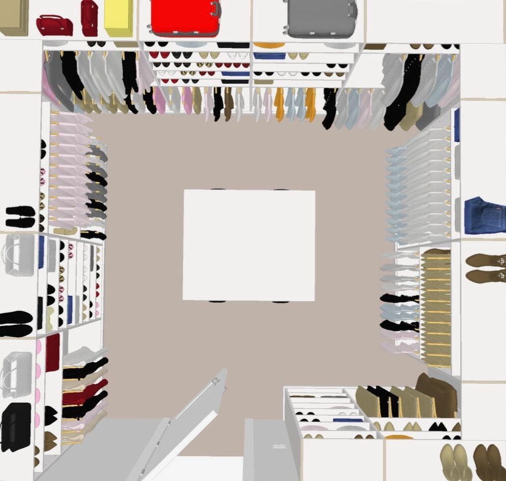 An aerial view of a closet filled with clothes and shoes