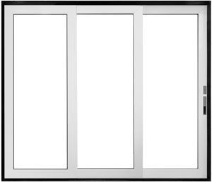 Three-panel sliding glass window with white frames and a dark trim