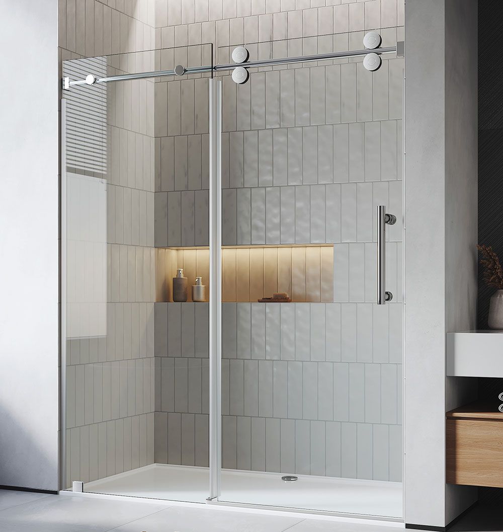 Modern glass shower enclosure with white tiled walls and a built-in shelf niche
