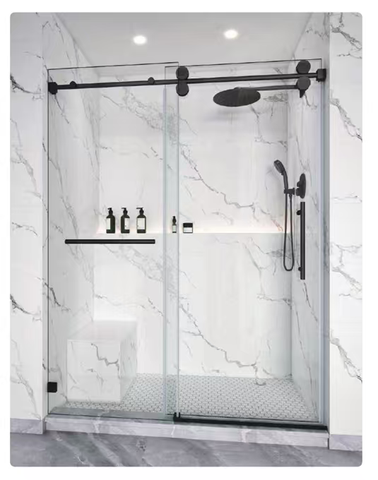 Modern bathroom shower with black-framed glass door, rain showerhead, and white marble-look tile walls