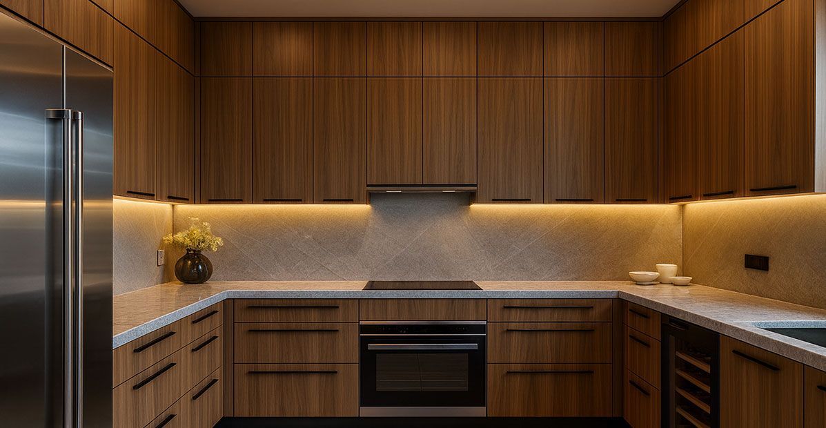 Modern wooden kitchen with built-in oven, stainless appliances, and warm under-cabinet lighting