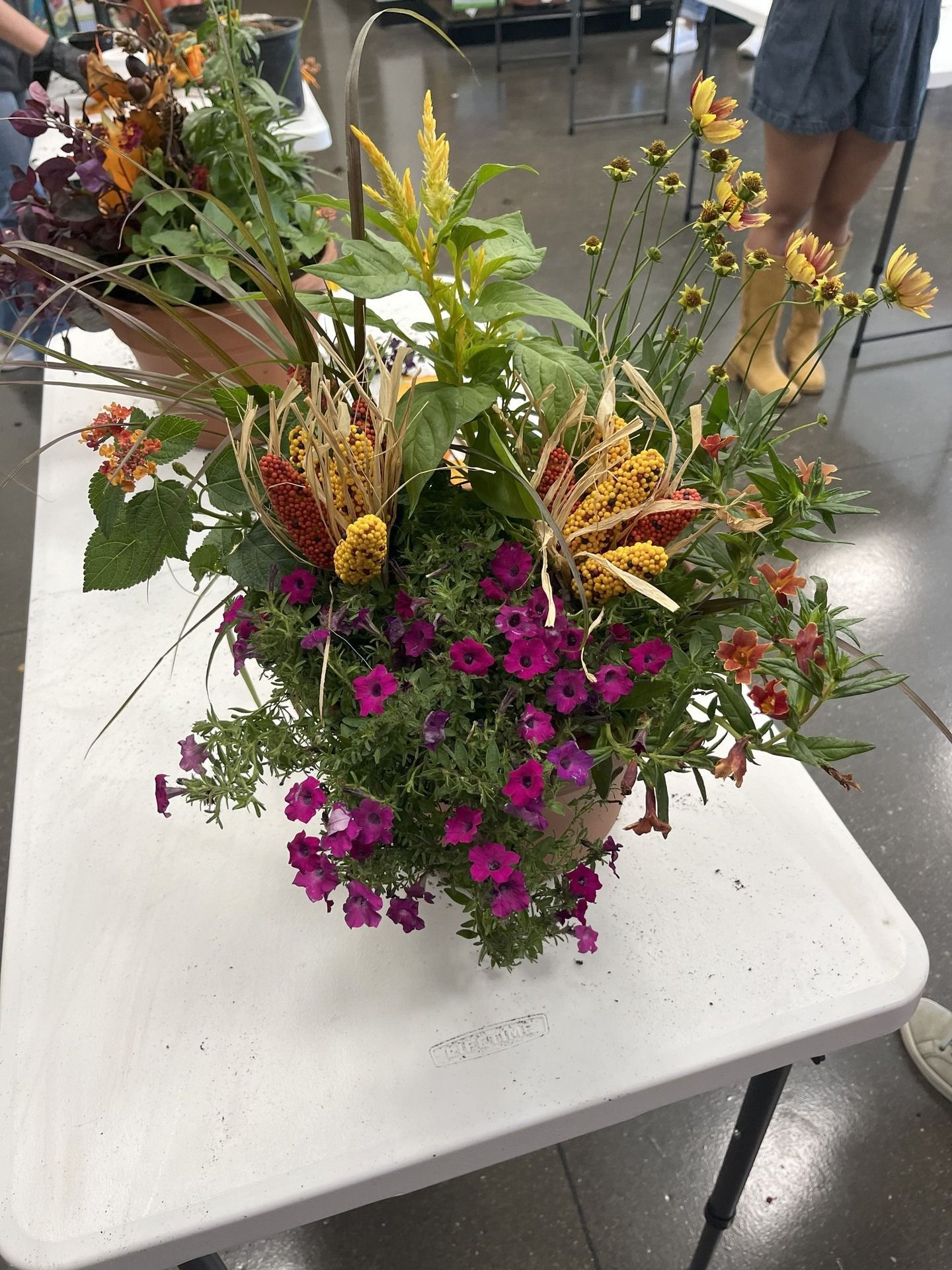 Floral arrangement in a terracotta pot with various colorful blooms, on a white table.