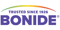 Logo for Bonide. Purple text with a rainbow arc above, and text 