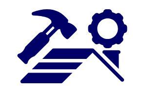 Blue hammer and gear atop a stylized roof with three horizontal lines.