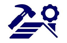 Blue hammer and gear atop a stylized roof with three horizontal lines.