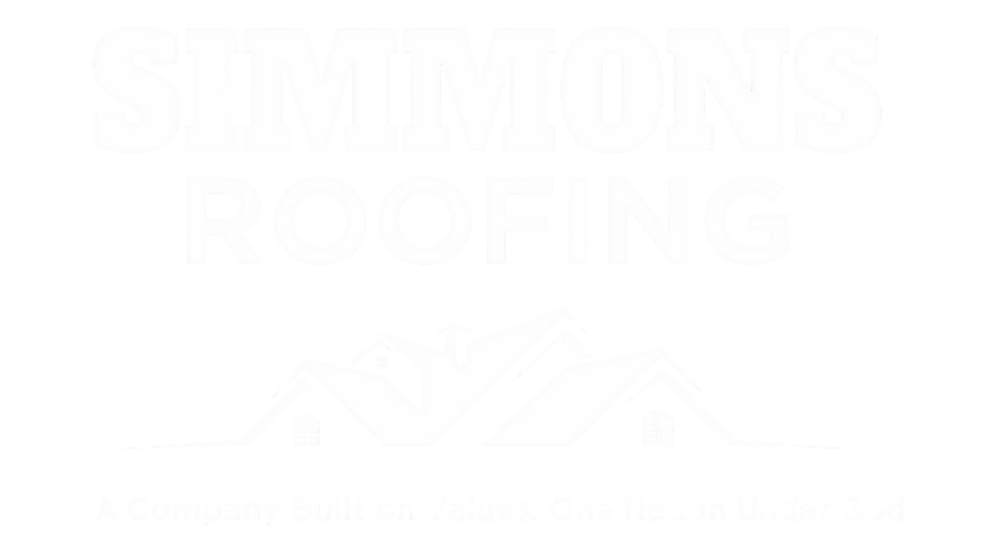 Simmons Roofing logo: Blue text and houses with "A Company Built on Values. One Nation Under God."