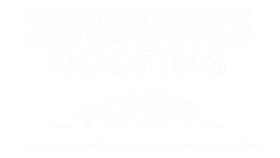 Simmons Roofing logo: Blue text and houses with "A Company Built on Values. One Nation Under God."